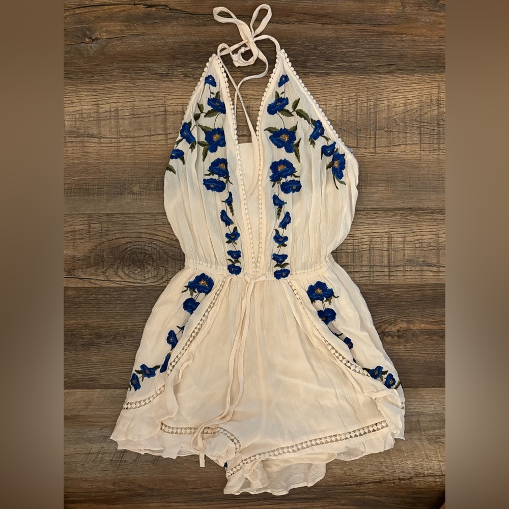 American Eagle Outfitters Blue and Cream Bodysuit with Embroidered Details